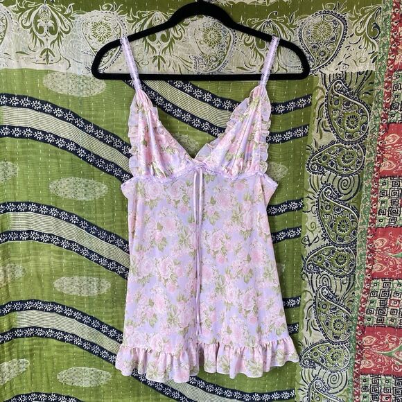 RARE Y2K Victoria's Secret Purple Floral Chiffon Babydoll Mini Dress Size Medium - Picture 3 of 16